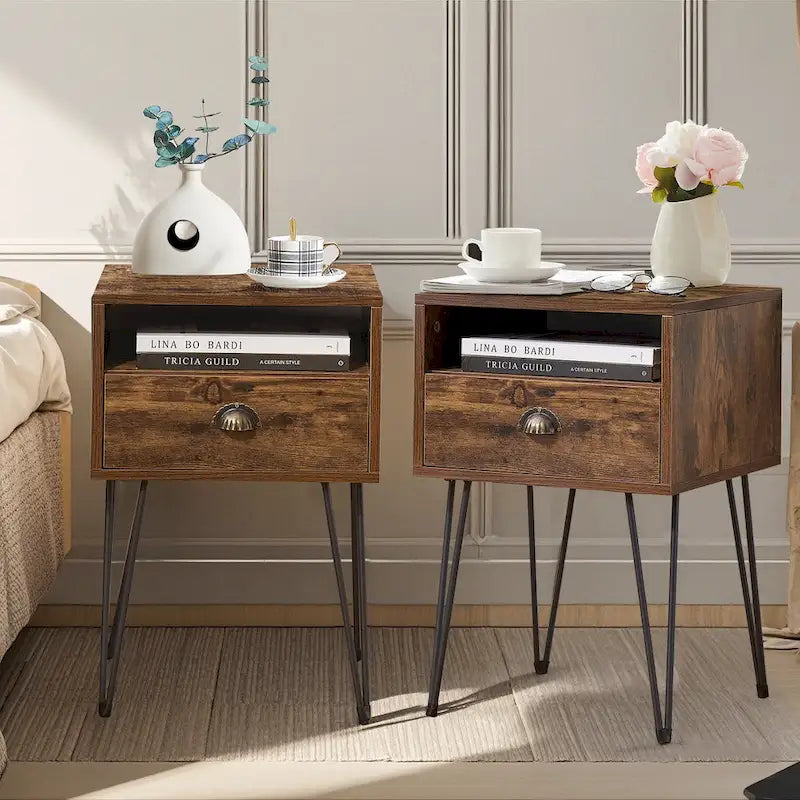 Comodino con cassetto singolo con gambe a forcina in stile anni '50, marrone / blu / nero / giallo