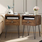 Comodino con cassetto singolo con gambe a forcina in stile anni '50, marrone / blu / nero / giallo