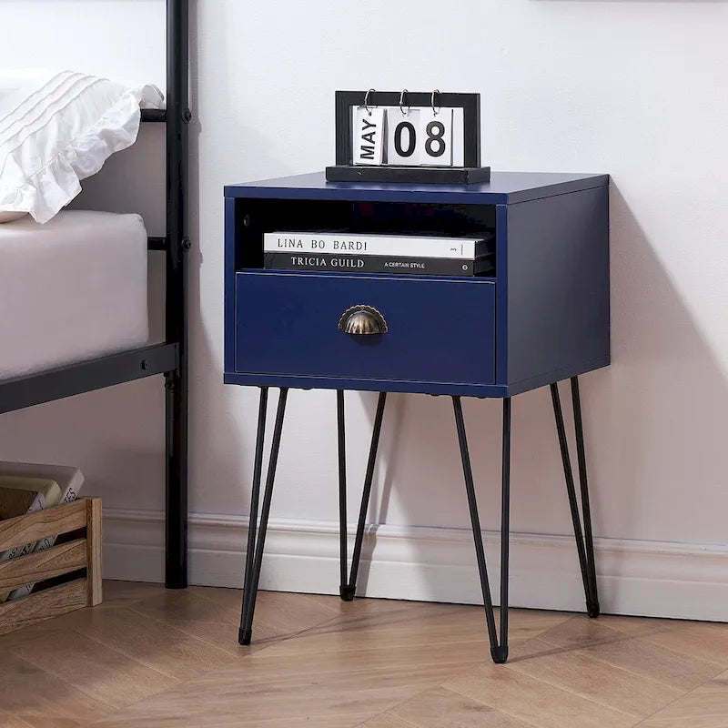 Comodino con cassetto singolo con gambe a forcina in stile anni '50, marrone / blu / nero / giallo