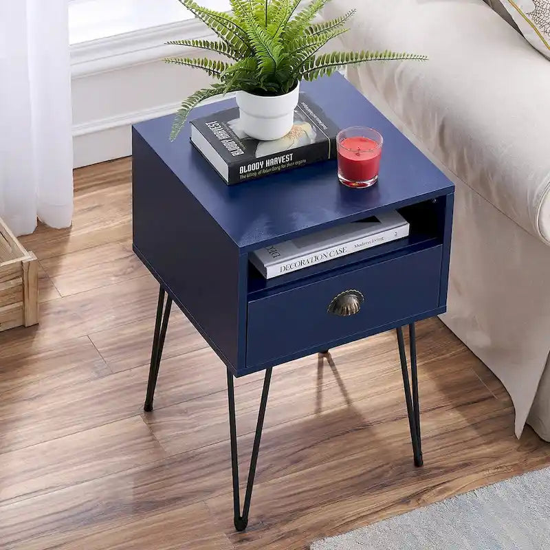Comodino con cassetto singolo con gambe a forcina in stile anni '50, marrone / blu / nero / giallo
