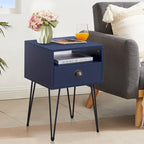 Comodino con cassetto singolo con gambe a forcina in stile anni '50, marrone / blu / nero / giallo