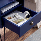 Comodino con cassetto singolo con gambe a forcina in stile anni '50, marrone / blu / nero / giallo