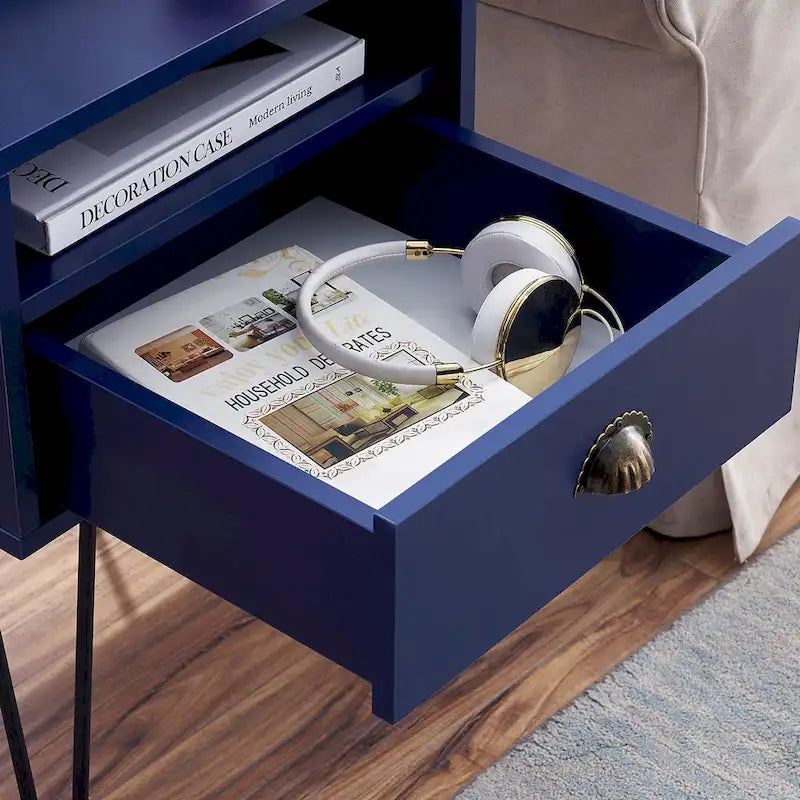 Comodino con cassetto singolo con gambe a forcina in stile anni '50, marrone / blu / nero / giallo