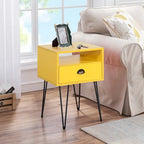 Comodino con cassetto singolo con gambe a forcina in stile anni '50, marrone / blu / nero / giallo