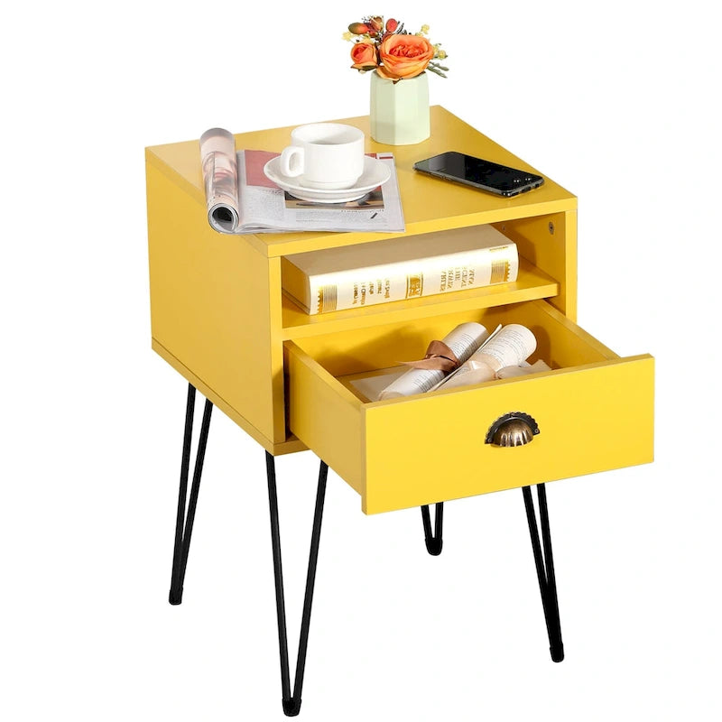 Comodino con cassetto singolo con gambe a forcina in stile anni '50, marrone / blu / nero / giallo