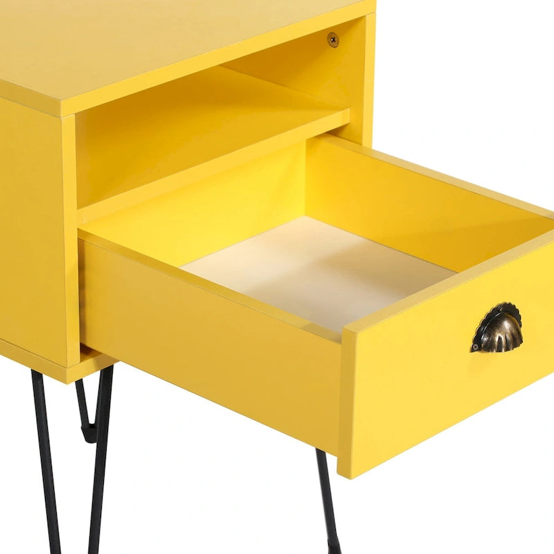 Comodino con cassetto singolo con gambe a forcina in stile anni '50, marrone / blu / nero / giallo