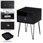 Comodino con cassetto singolo con gambe a forcina in stile anni '50, marrone / blu / nero / giallo