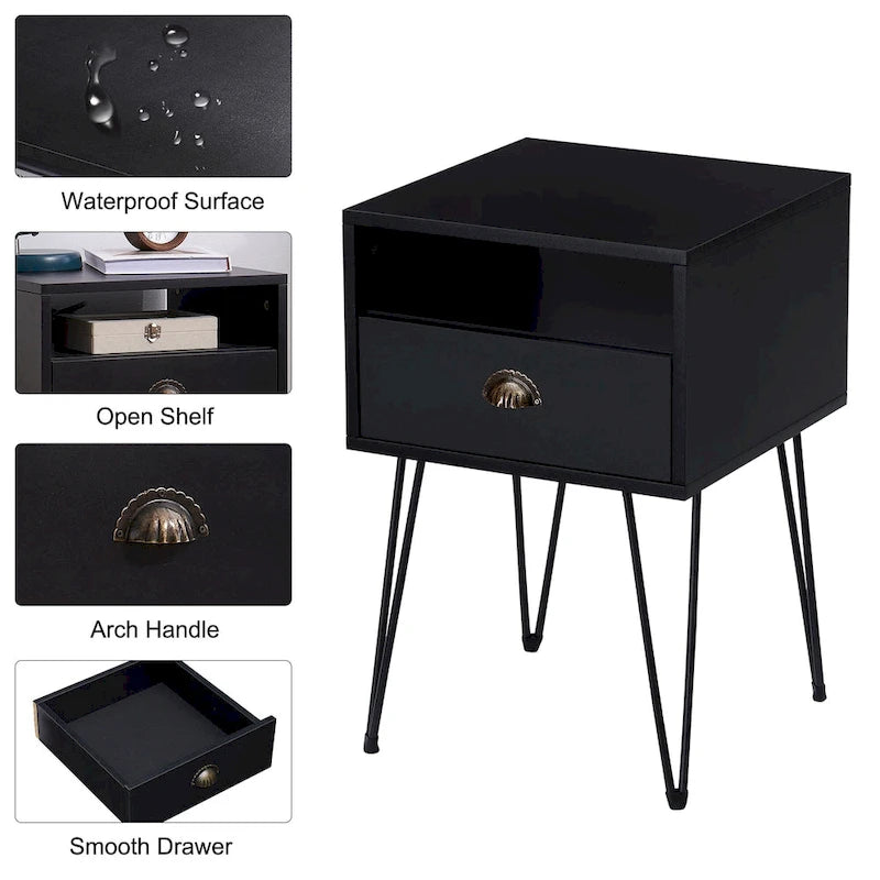 Comodino con cassetto singolo con gambe a forcina in stile anni '50, marrone / blu / nero / giallo