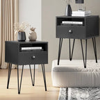 Comodino con cassetto singolo con gambe a forcina in stile anni '50, marrone / blu / nero / giallo