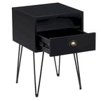 Comodino con cassetto singolo con gambe a forcina in stile anni '50, marrone / blu / nero / giallo