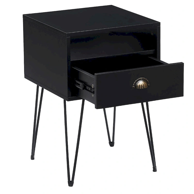 Comodino con cassetto singolo con gambe a forcina in stile anni '50, marrone / blu / nero / giallo