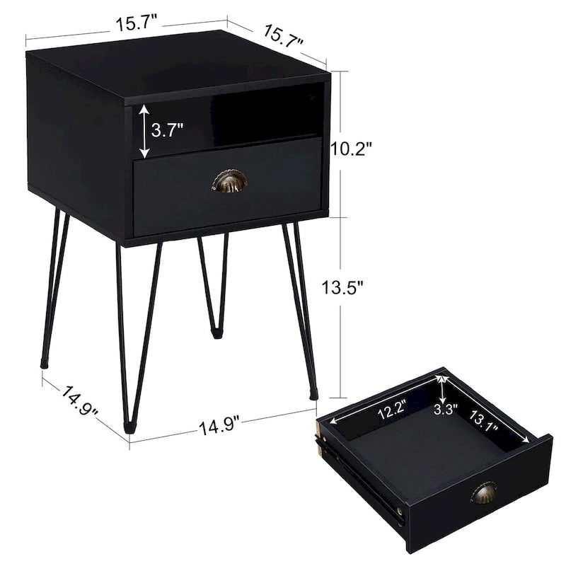 Comodino con cassetto singolo con gambe a forcina in stile anni '50, marrone / blu / nero / giallo