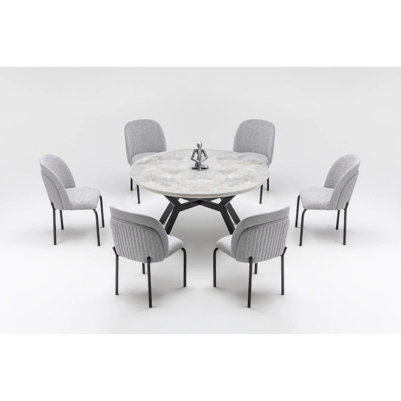Set da pranzo ovale allungabile bianco per 6 persone, 7 pezzi con gambe in metallo