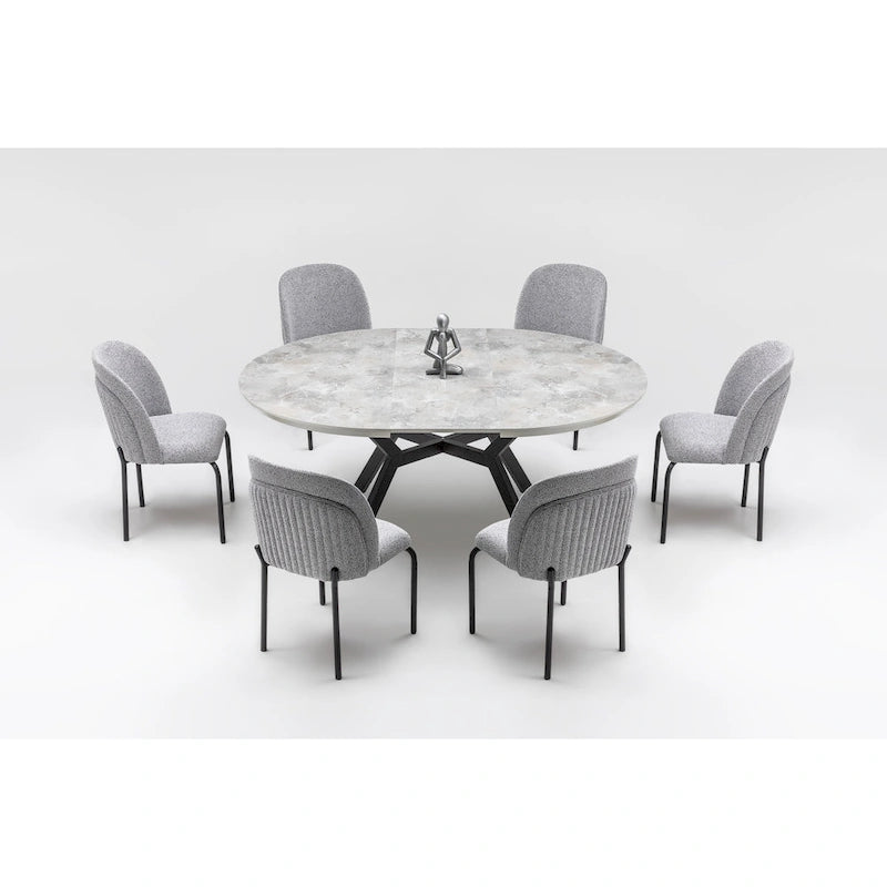 Set da pranzo ovale allungabile bianco per 6 persone, 7 pezzi con gambe in metallo