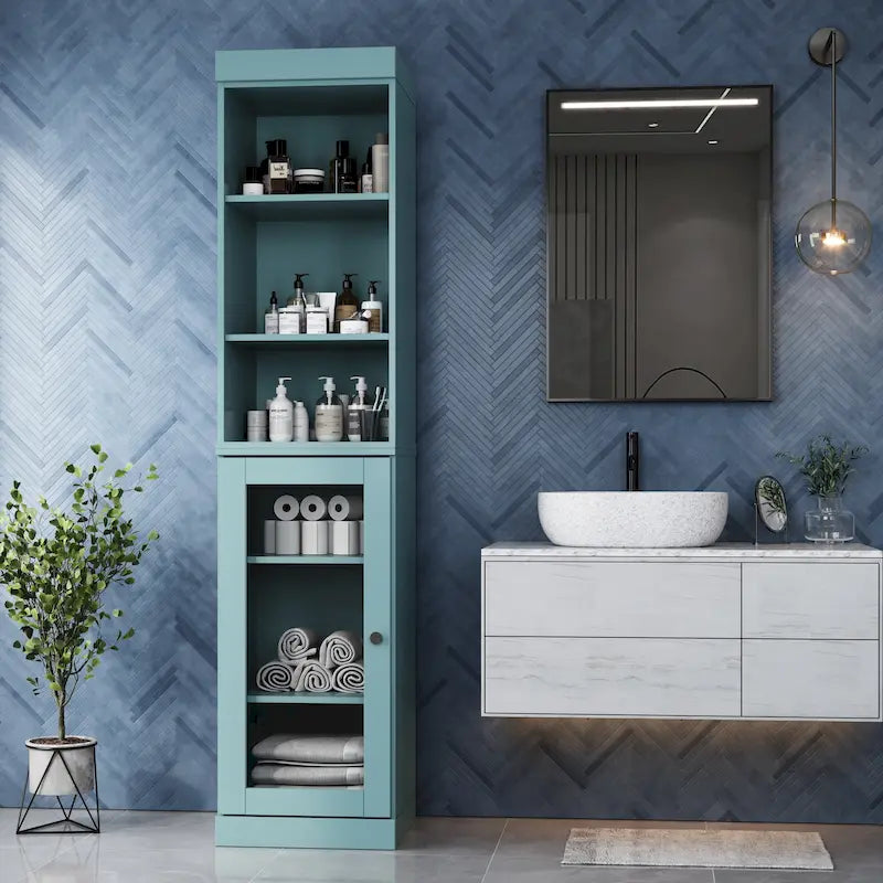 Mobiletto da bagno in legno massello, ante in vetro trasparente, ripiani regolabili, adatto per 1 persona – Vari colori