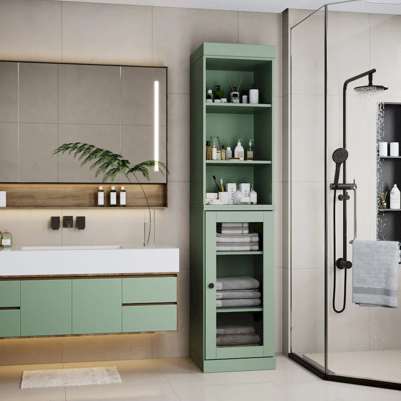 Mobiletto da bagno in legno massello, ante in vetro trasparente, ripiani regolabili, adatto per 1 persona – Vari colori