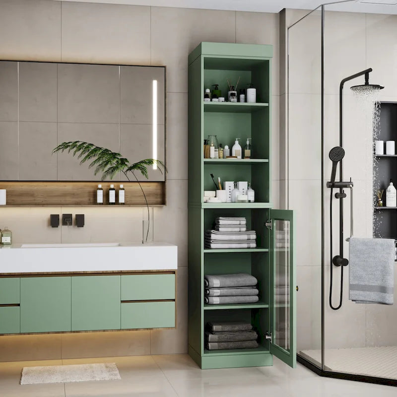 Mobiletto da bagno in legno massello, ante in vetro trasparente, ripiani regolabili, adatto per 1 persona – Vari colori