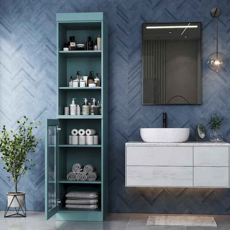 Mobiletto da bagno in legno massello, ante in vetro trasparente, ripiani regolabili, adatto per 1 persona – Vari colori