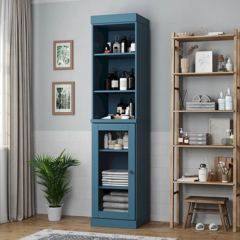 Mobiletto da bagno in legno massello, ante in vetro trasparente, ripiani regolabili, adatto per 1 persona – Vari colori