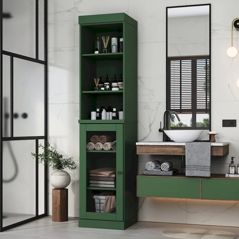 Mobiletto da bagno in legno massello, ante in vetro trasparente, ripiani regolabili, adatto per 1 persona – Vari colori