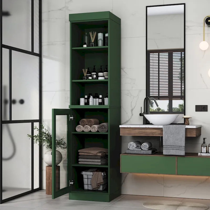Mobiletto da bagno in legno massello, ante in vetro trasparente, ripiani regolabili, adatto per 1 persona – Vari colori