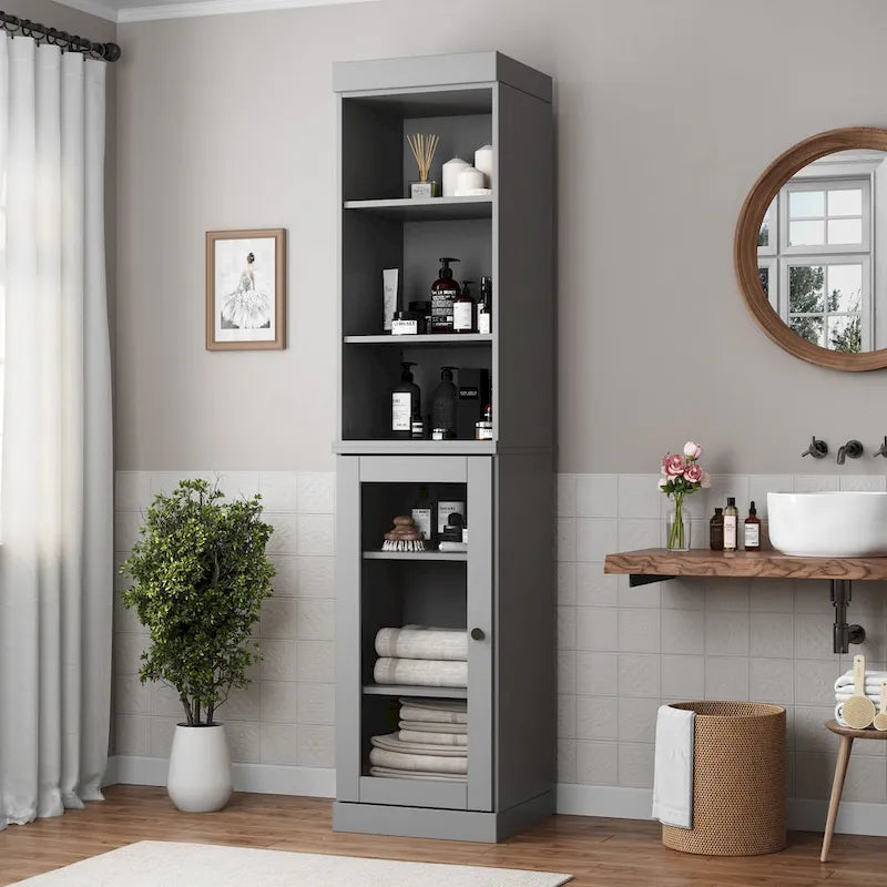 Mobiletto da bagno in legno massello, ante in vetro trasparente, ripiani regolabili, adatto per 1 persona – Vari colori