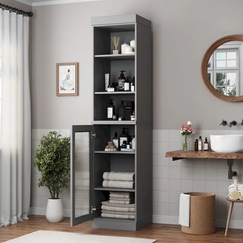 Mobiletto da bagno in legno massello, ante in vetro trasparente, ripiani regolabili, adatto per 1 persona – Vari colori