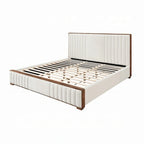 Letto King Beige Trapuntato a Canali, Bordo in Legno Noce Marrone, Posti Letto 2