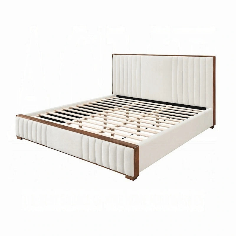 Letto King Beige Trapuntato a Canali, Bordo in Legno Noce Marrone, Posti Letto 2