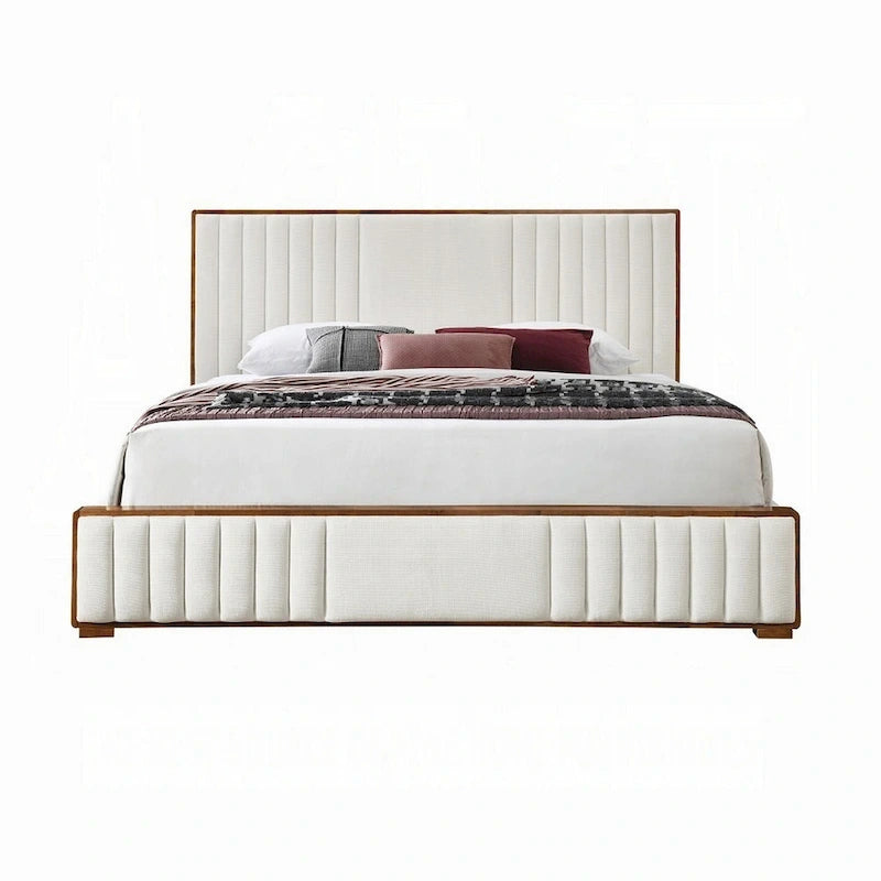 Letto King Beige Trapuntato a Canali, Bordo in Legno Noce Marrone, Posti Letto 2