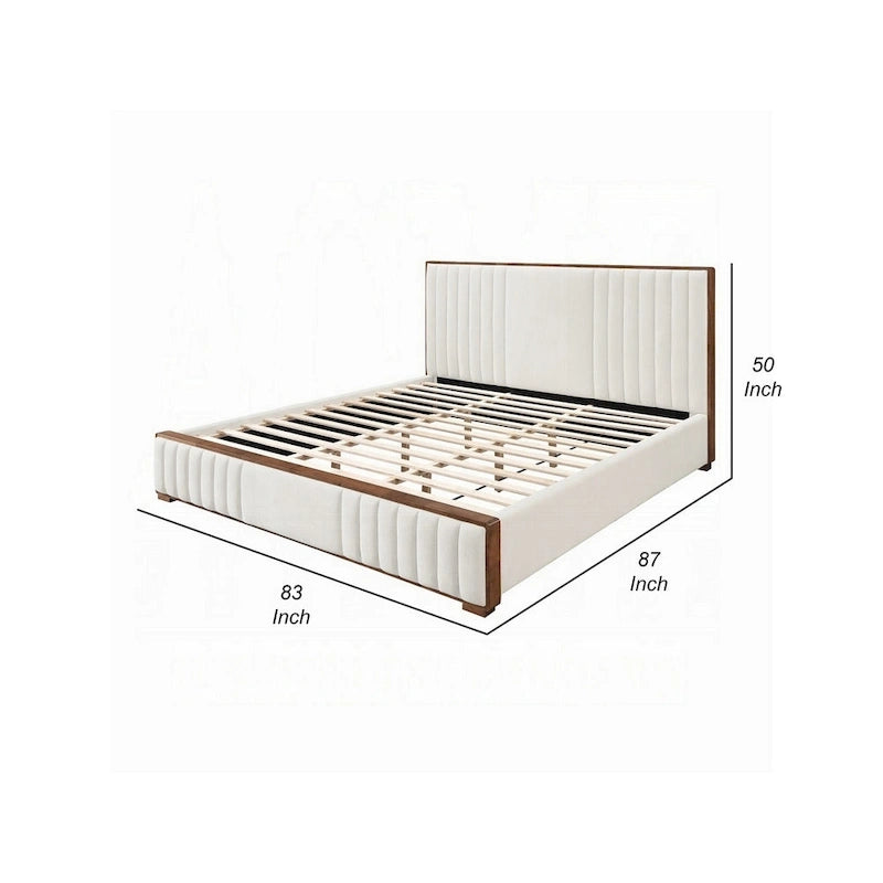 Letto King Beige Trapuntato a Canali, Bordo in Legno Noce Marrone, Posti Letto 2