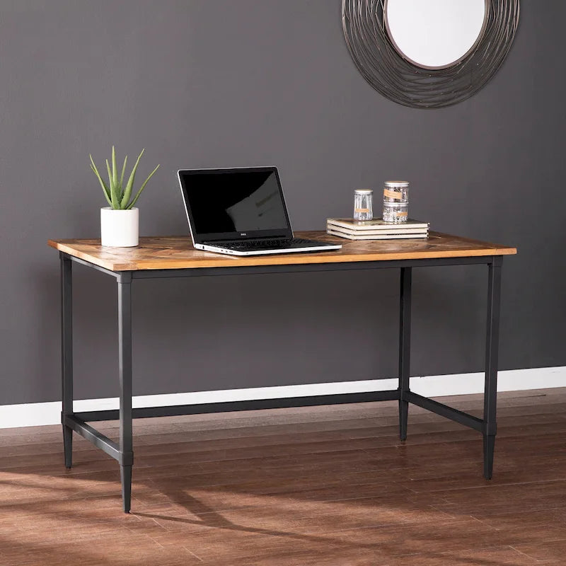 Scrivania in legno di recupero per 1 persona, stile rustico moderno, naturale/nera e nera