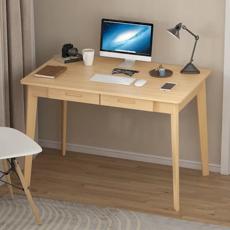 Scrivania per computer da 1 persona con 2 cassetti, beige/bianco/legno/legno nero