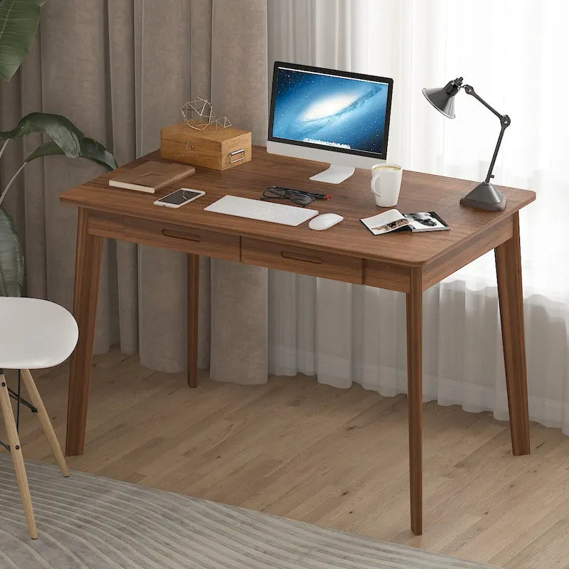 Scrivania per computer da 1 persona con 2 cassetti, beige/bianco/legno/legno nero