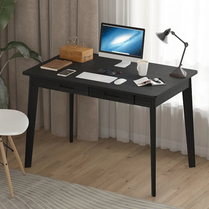 Scrivania per computer da 1 persona con 2 cassetti, beige/bianco/legno/legno nero