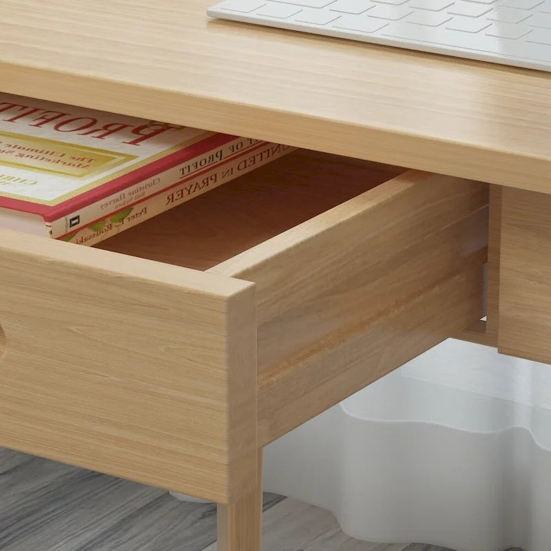 Scrivania per computer da 1 persona con 2 cassetti, beige/bianco/legno/legno nero