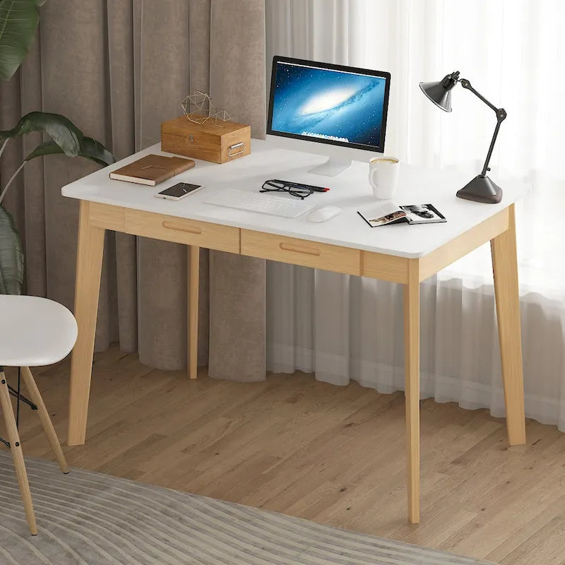 Scrivania per computer da 1 persona con 2 cassetti, beige/bianco/legno/legno nero