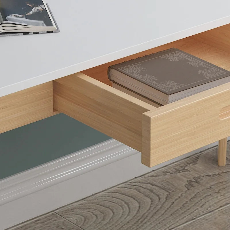 Scrivania per computer da 1 persona con 2 cassetti, beige/bianco/legno/legno nero