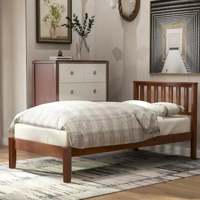 Letto a piattaforma singolo in noce con testiera, supporto a doghe in legno, 1 persona