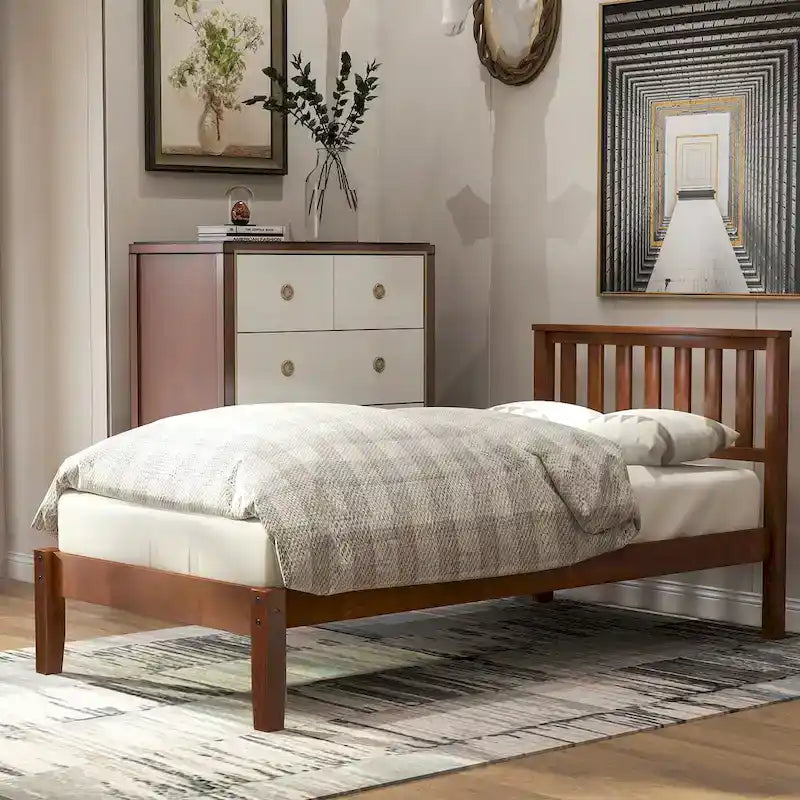 Wood Platform Bed With Headboard/Wood Slat Support.Twin (Walnut)