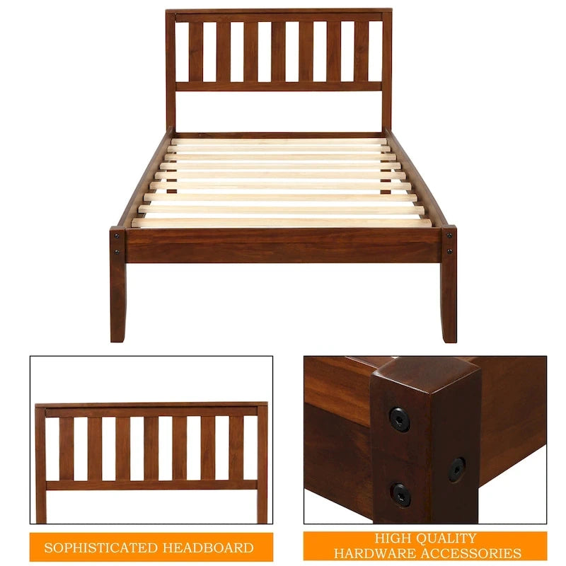 Letto a piattaforma singolo in noce con testiera, supporto a doghe in legno, 1 persona