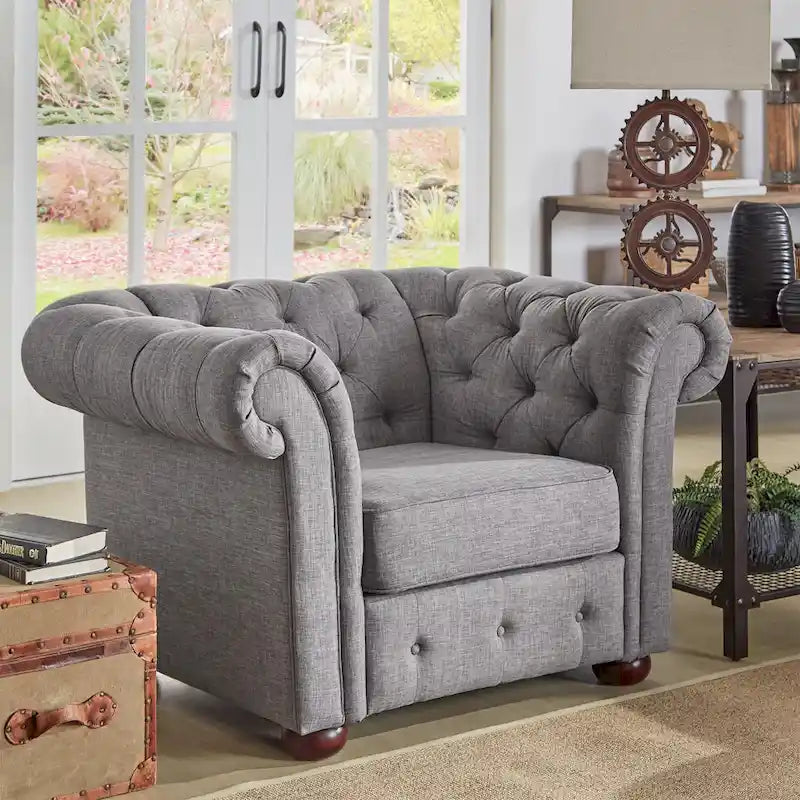 Poltrona tufted 1 posto con braccioli a scorrimento in lino grigio / velluto grigio scuro / velluto grigio / lino grigio scuro