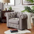 Poltrona tufted 1 posto con braccioli a scorrimento in lino grigio / velluto grigio scuro / velluto grigio / lino grigio scuro