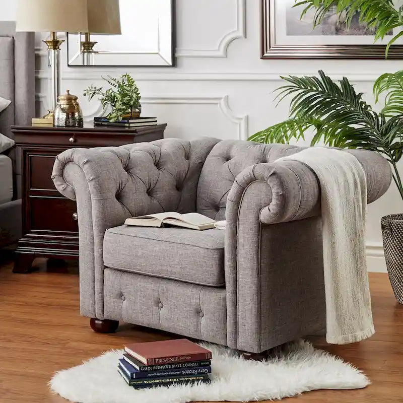Poltrona tufted 1 posto con braccioli a scorrimento in lino grigio / velluto grigio scuro / velluto grigio / lino grigio scuro