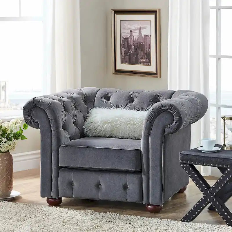 Poltrona tufted 1 posto con braccioli a scorrimento in lino grigio / velluto grigio scuro / velluto grigio / lino grigio scuro