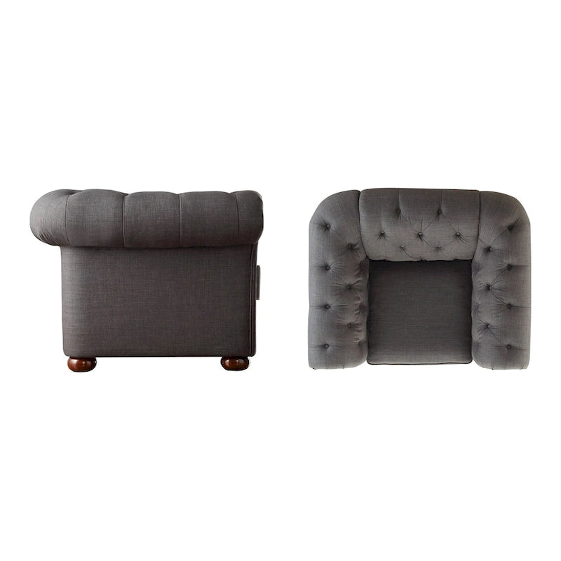 Poltrona tufted 1 posto con braccioli a scorrimento in lino grigio / velluto grigio scuro / velluto grigio / lino grigio scuro