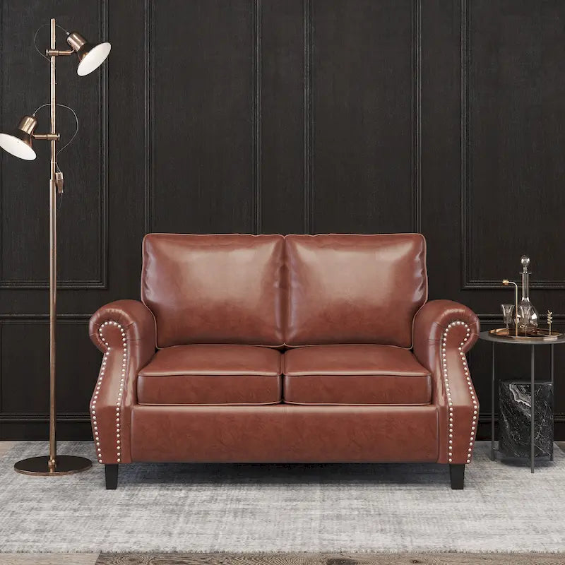 Divanetto a 2 posti in similpelle marrone scuro / cognac / nero con borchie