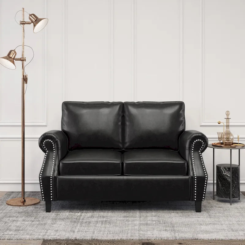 Divanetto a 2 posti in similpelle marrone scuro / cognac / nero con borchie