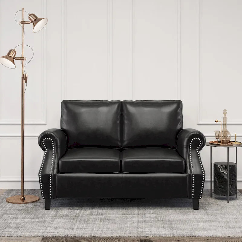 Divanetto a 2 posti in similpelle marrone scuro / cognac / nero con borchie