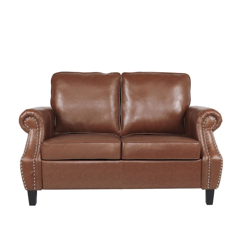 Divanetto a 2 posti in similpelle marrone scuro / cognac / nero con borchie